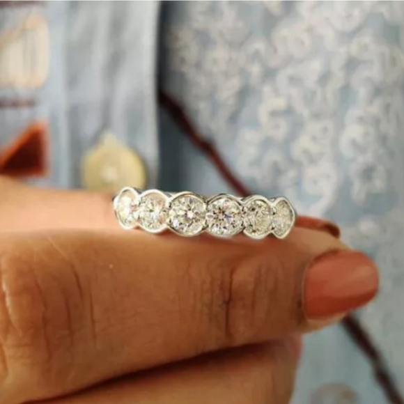 1.50Ct White Round Moissanite Half Bezel Set Wedding Band Ring In 14K White Gold - Picture 3 of 6